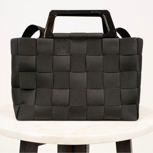 Salvatore Ferragamo ribbon weave handbag with polished lacquer handles, used